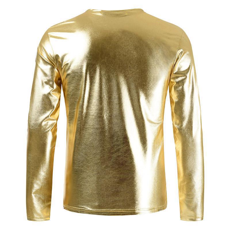 Мужская блестящая однотонная футболка с длинным рукавом и V-образным вырезом