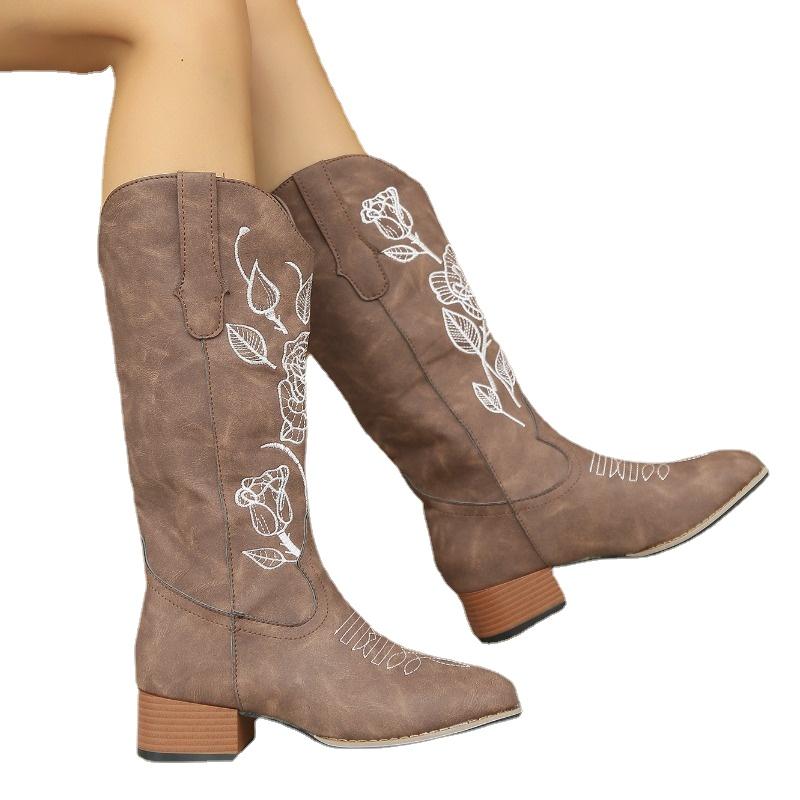 2024 Горячая Распродажа Туфли для женщин Женские сапоги Зимние квадратные носки Вышитые однотонные высокие сапоги на толстом каблуке Рыцарские сапоги