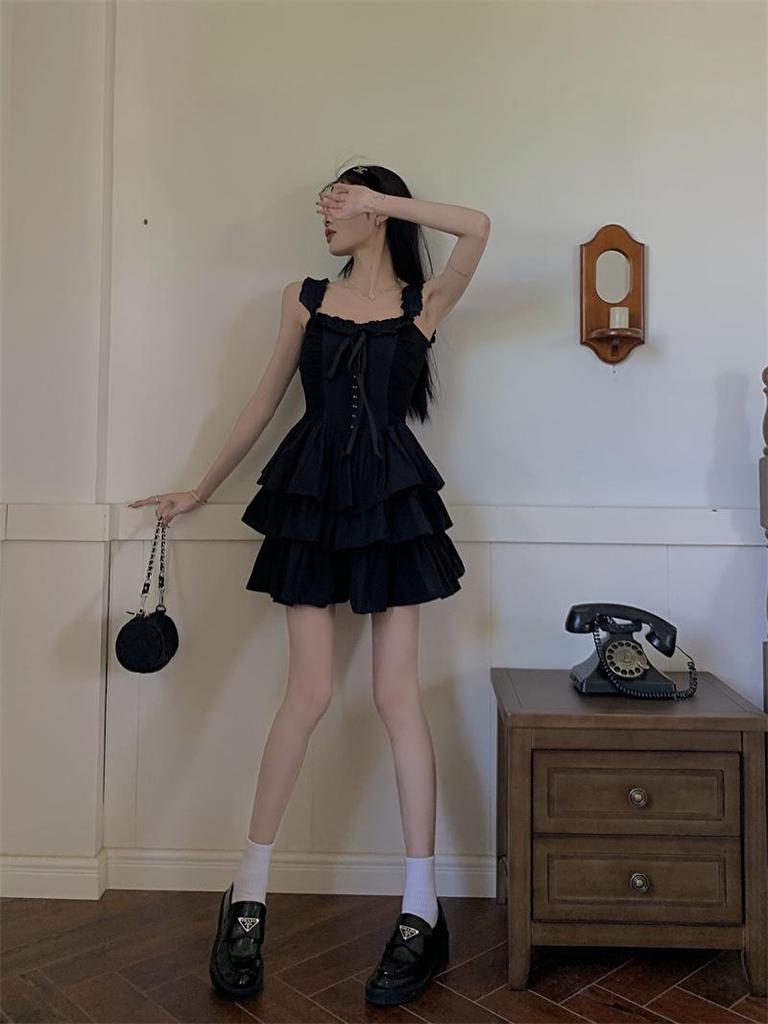 Women's Slim Suspender Dress: Summer 2023 Hepburn-Style Little Black Cake Dress