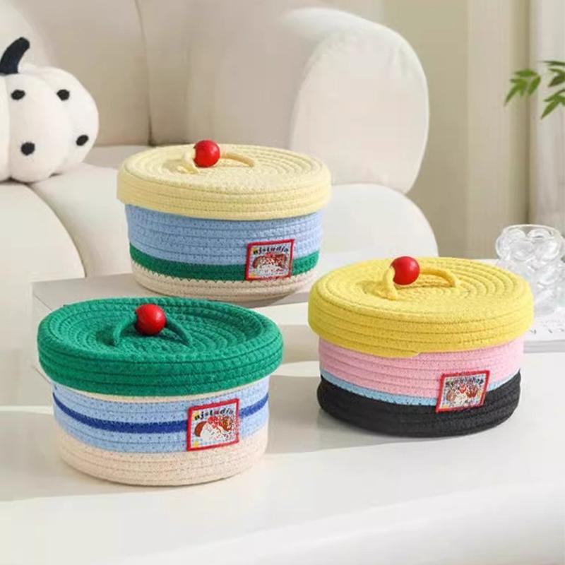 1 шт. с крышкой многофункциональная плетеная корзина для косметики и закусок, корзина для хранения вещей, плетеная эстетическая коробка для хранения 21x12 см