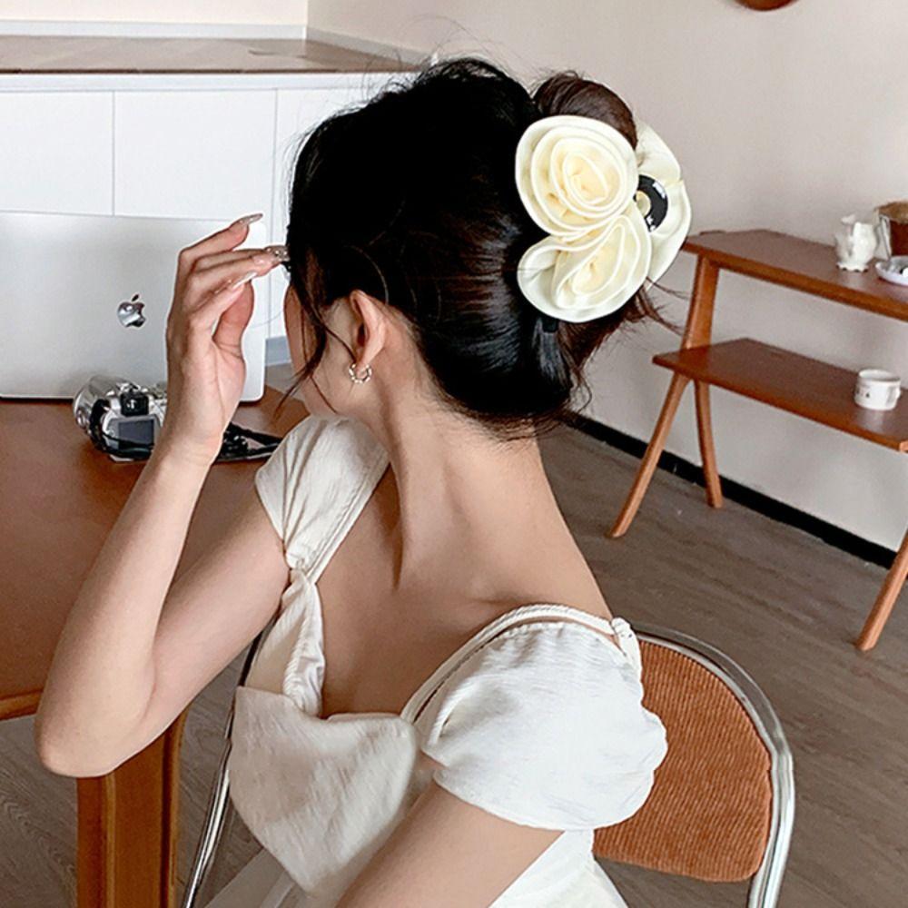 Korean Style Flower Hair Claw Hair Grab Clip Large Size Hair Claw Red Rose Hair Clip  Girls