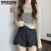 Long-sleeve Sunscreen Sweater Women's Thin Loose Hollow Blouse with Suspenders and Short Top