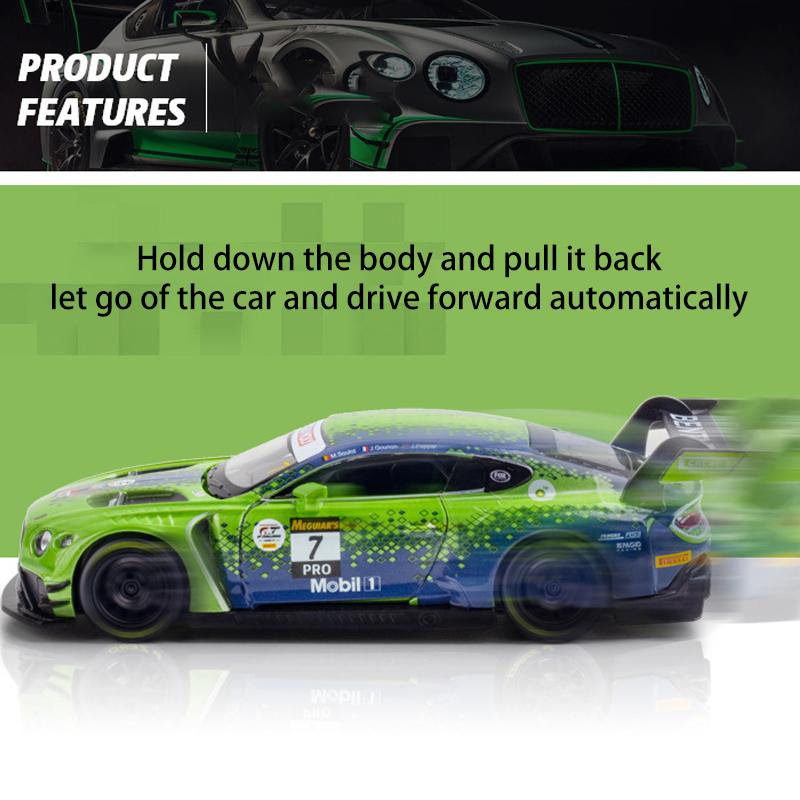 1/32 Scale Bentley Continental GT3 Diecast Car Model Toy, Pull Back Toy Vehicle with Sound and Light for Kids Toddler Boys Girls Gift Collection