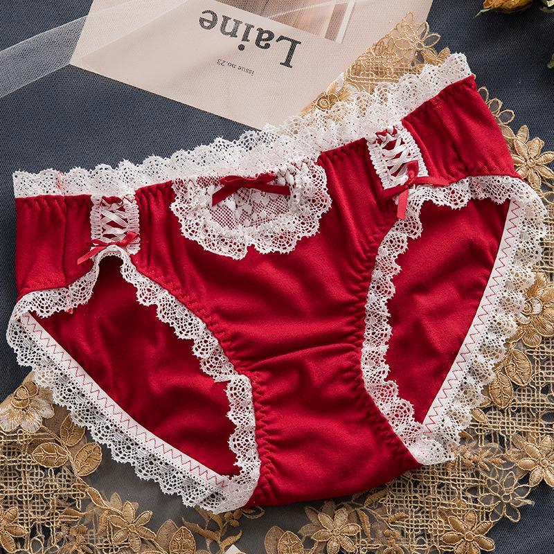 Женские милые хлопковые трусики с бантиком и кружевом средней посадки