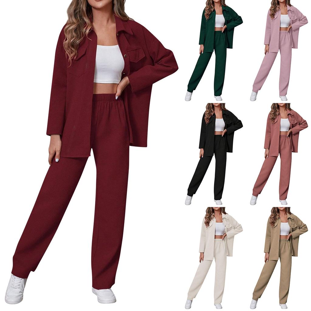 Women's Fashion Solid Color Lapel Button Long Sleeve Cardigan Casual Pants Set