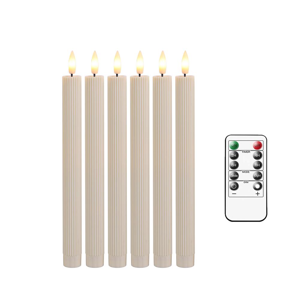 3/4/6 Pieces Beige Remote Control LED Taper Candles With Stripe,Battery Powered Wedding Decorative Thread LED Candle Light