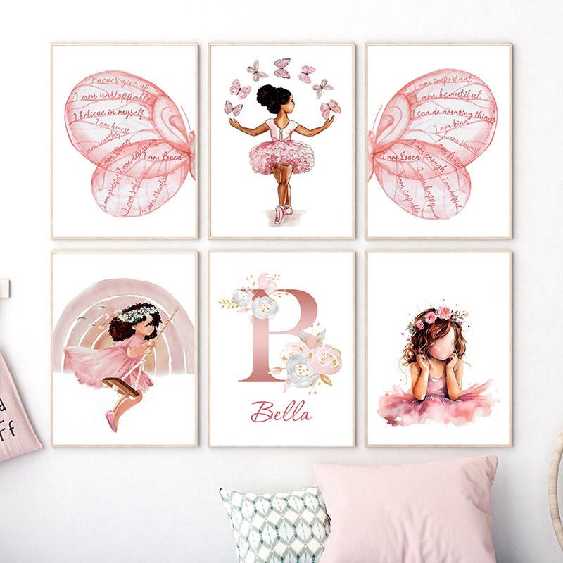 Black Ballet Girl Butterfly Rainbow Crown Flower Wall Art Canvas Painting Nordic Posters And Prints Picture Baby Kids Room Decor