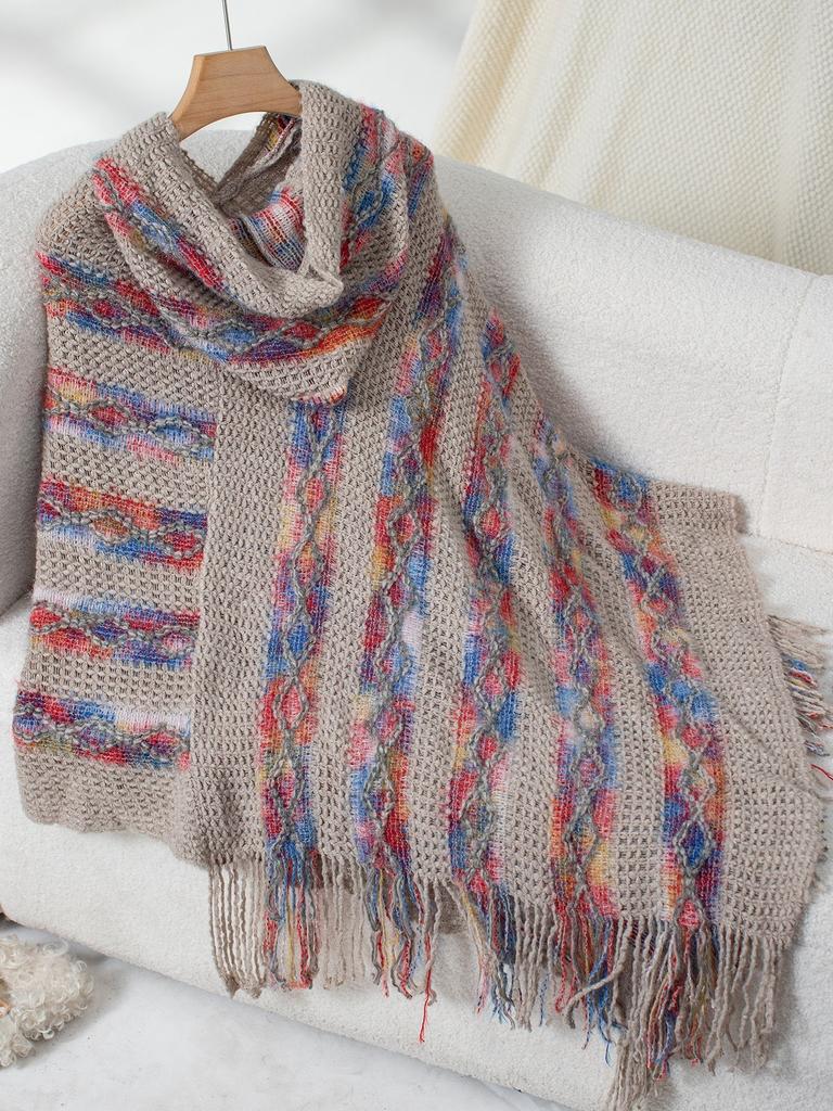 Women's Autumn and Winter Large Size Cover Color Striped Hooded Knitted Tassel Cape Loose Sweater Top for Women 6 Colors