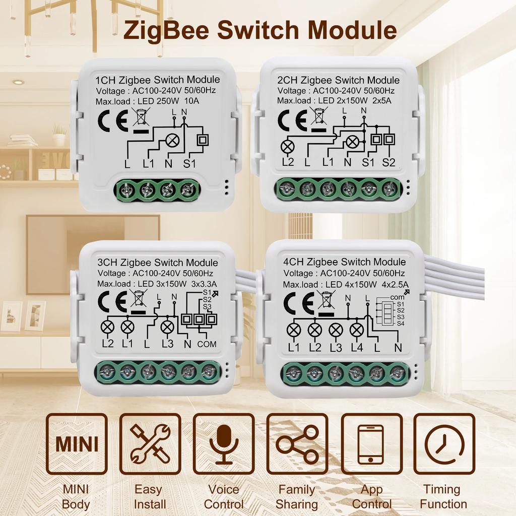 GIRIER Tuya ZigBee 3.0 Модуль переключателя 10A Умный дом DIY Автоматический выключатель 1 2 3 4 Клавиши Поддержка двухстороннего управления Работает с Alexa Google Home
