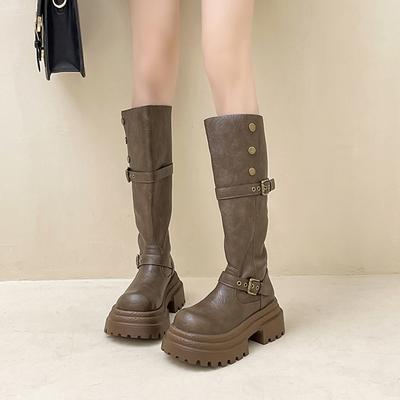 Модные ботфорты до колена 2025 осень и зима новые на толстой подошве универсальные увеличивающие рост и стройнящие с юбкой рыцарские сапоги модные сапоги