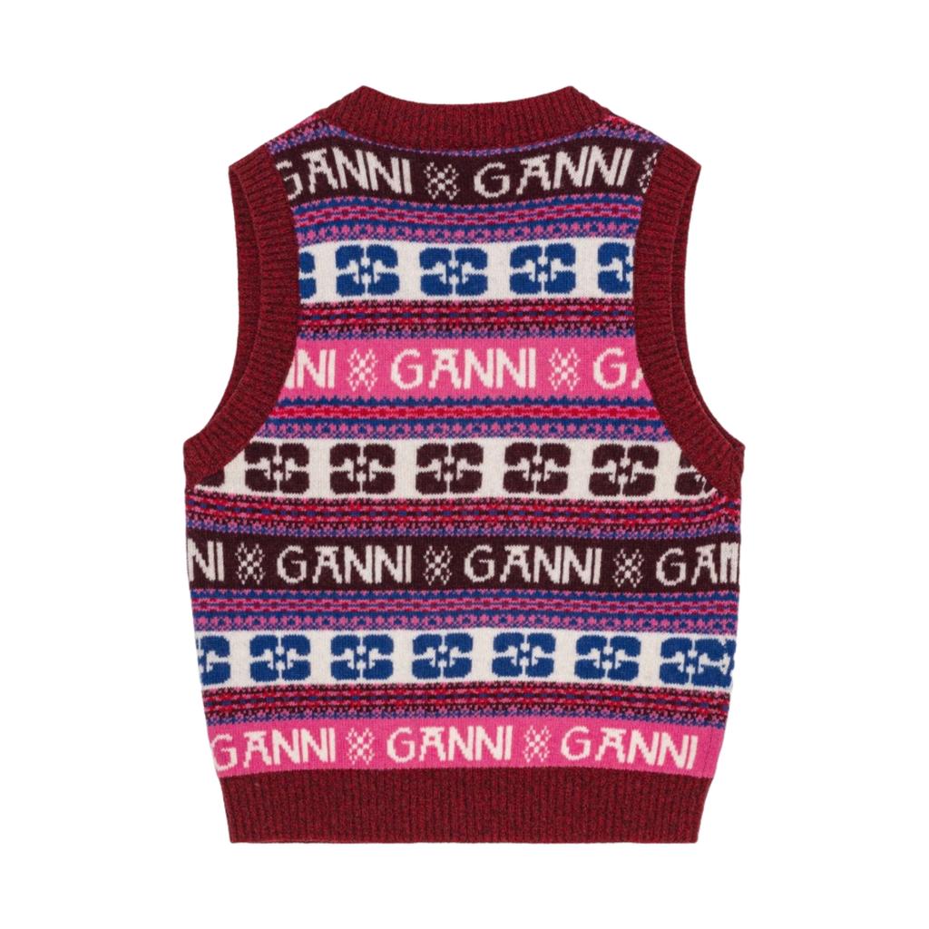 Ganni FW23 Вязаный жилет с логотипом, смесовая шерсть, женские жилеты, разноцветный K2121999