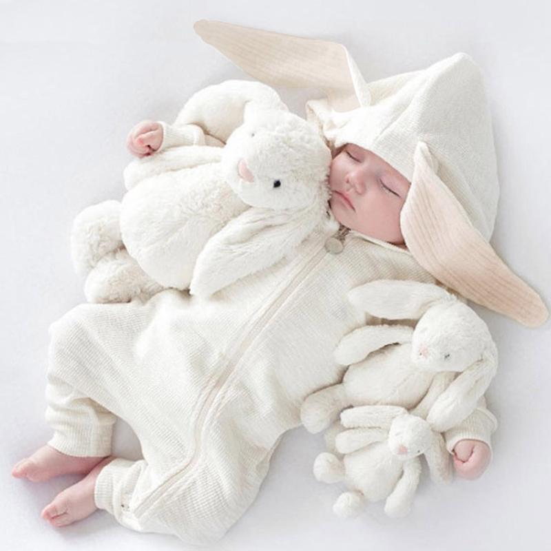 Baby 3d Rabbit Ear Long Romper Cute Long Sleeve Hoodie Jumpsuits Toddler Winter Warm Outwear