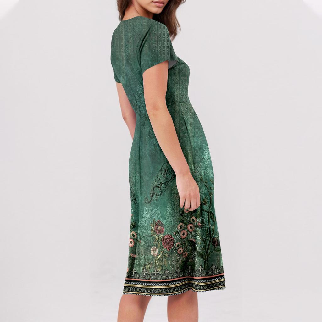 Women's Dress V Neck Sleeve Summer Dress Pleated Elastic Waist A-Line Dress