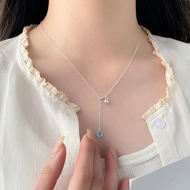 Fresh Blue Diamond Water Drop Necklace for Women's Sweetheart Pullout Adjustable Fashion Collar Chain