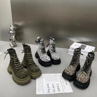 Винтажные женские ботинки с леопардовым принтом, женские ботинки с круглым носком, повседневная обувь 2025, женские ботинки на среднем каблуке, женские ботильоны