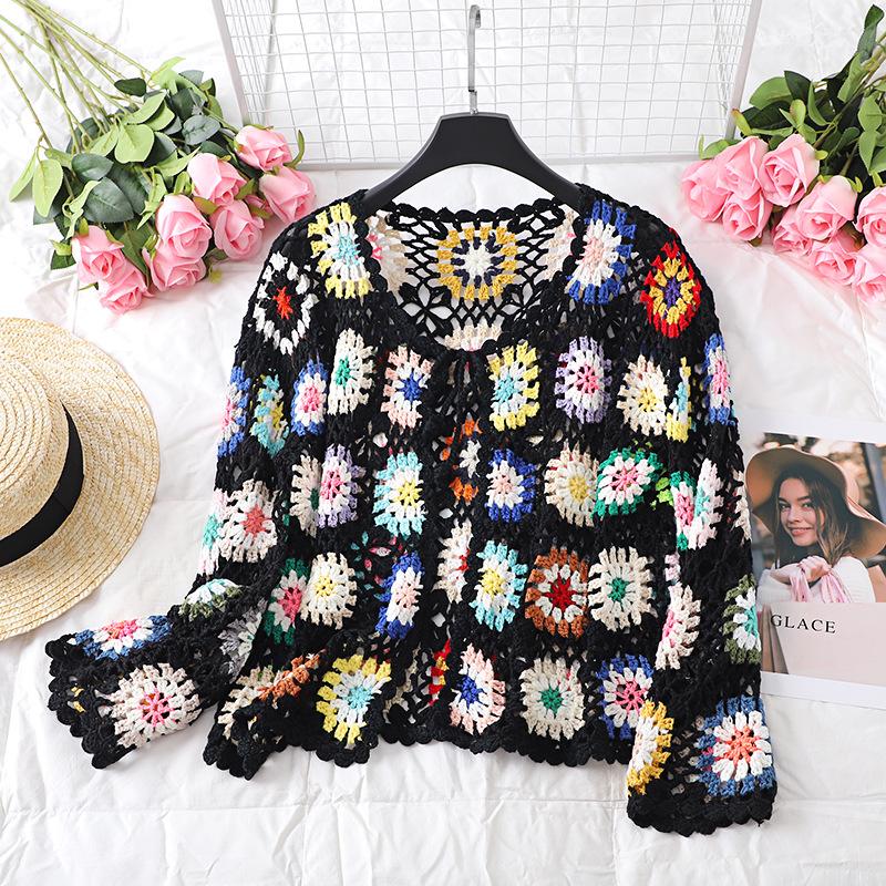 Women's Handmade Crochet Cardigan Knit Sweater Hollow Out Jacket Ethnic Long Sleeve Top
