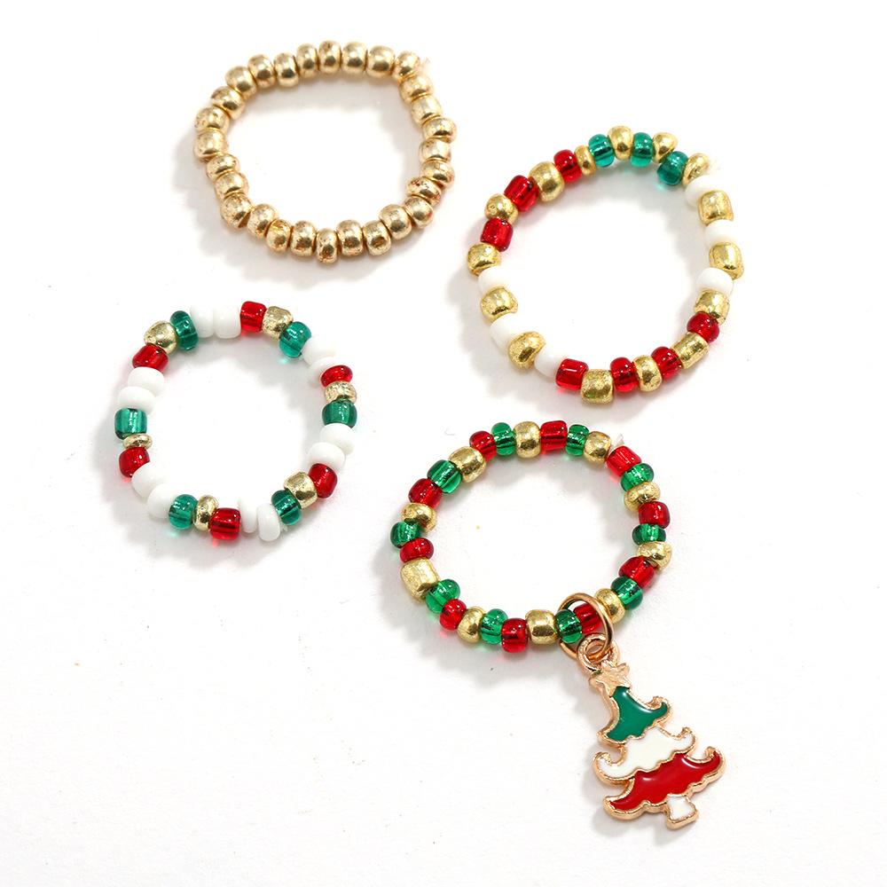 Рождественская серия Цветные рисовые бусины 4-х частей набор колец, Тренд эластичное кольцо для женщин