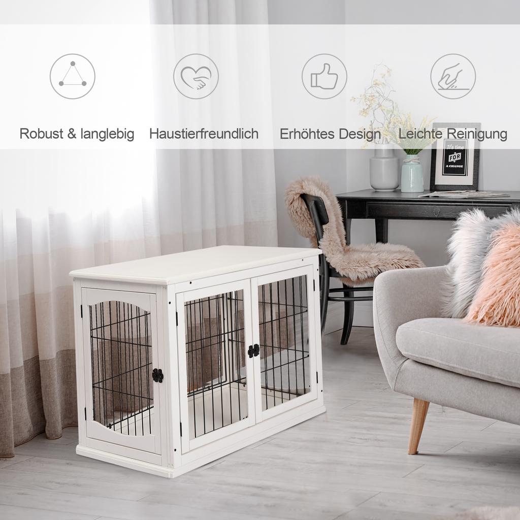 Dog Crate Furniture, Puppy Crate End Table, Pet Kennel House with 2 Doors for Medium and Small Dogs, 81 x 58.5 x 66 cm, White