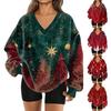 Women's Fashion Casual Long Sleeve Christmas Printed V-Neck Top Sweatshirt