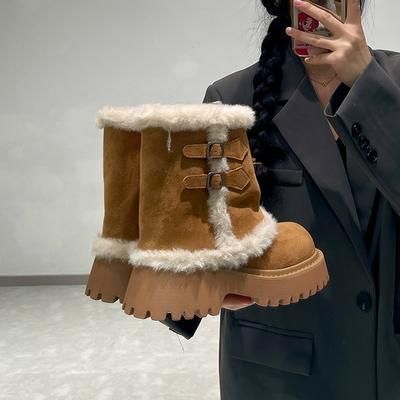 Нишевые зимние ботинки на толстом каблуке и толстой подошве, увеличивающие рост, женские 2025 осень и зима, новые бархатные утепленные теплые ботинки с большим носком, хлопковые ботинки для Северо-Востока
