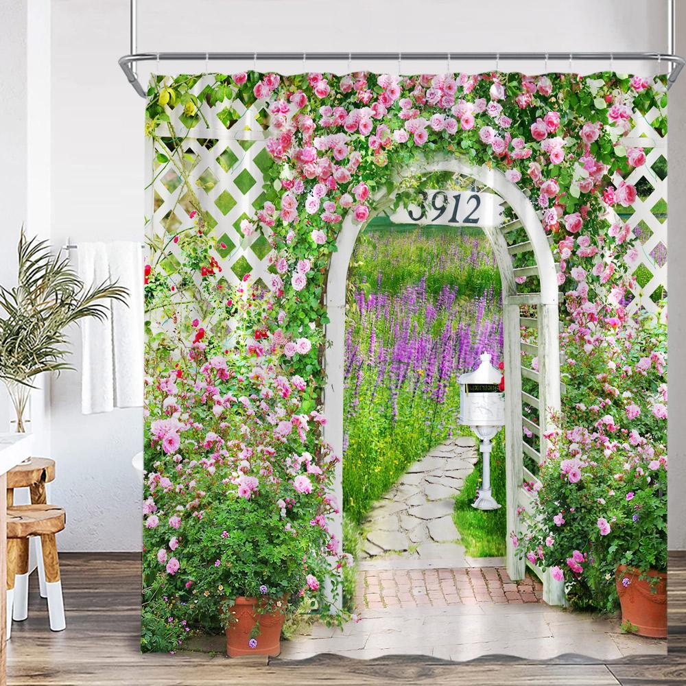 Green Vines Brick Wall Shower Curtain Pink Flowers European Garden Arch Door Bathroom Decorations Vintage Bath Curtain with Hook
