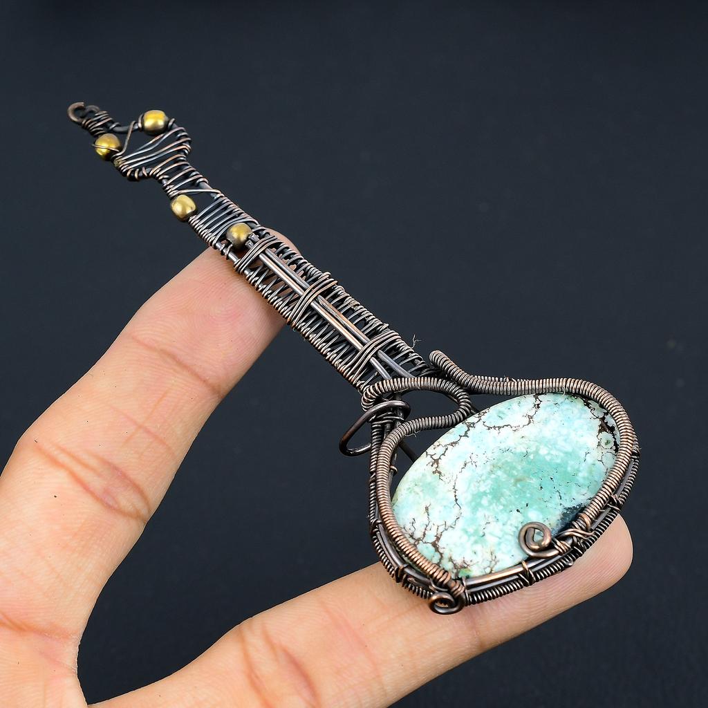 Guitar Tibetan Turquoise Handmade Copper Wire Wrap Pendant 4.33 T4y61