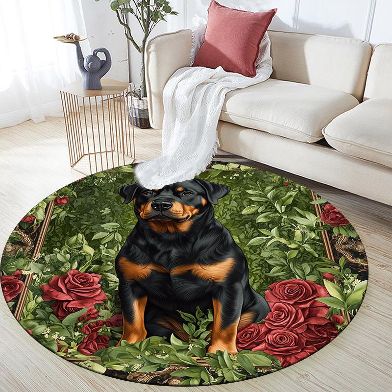 Rose Dog,Round Area Rug,Carpet Rug for Living Room Bedroom Sofa Playroom Decor,Non-slip Floor Mat
