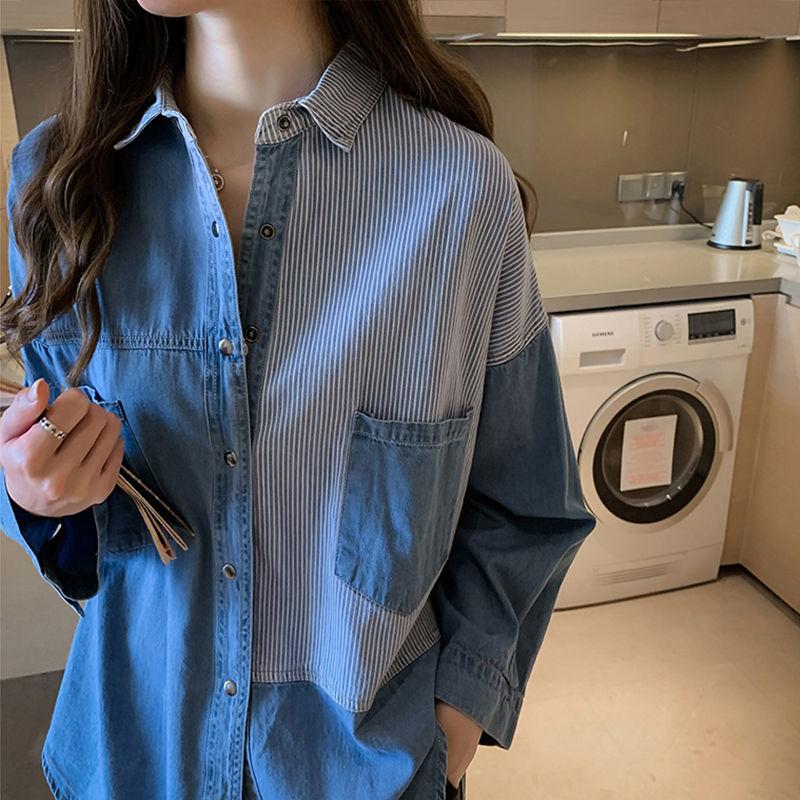 Джинсовая рубашка, женская весенне-осенняя большая свободная рубашка с длинными рукавами, полосатая рубашка, универсальные повседневные топы