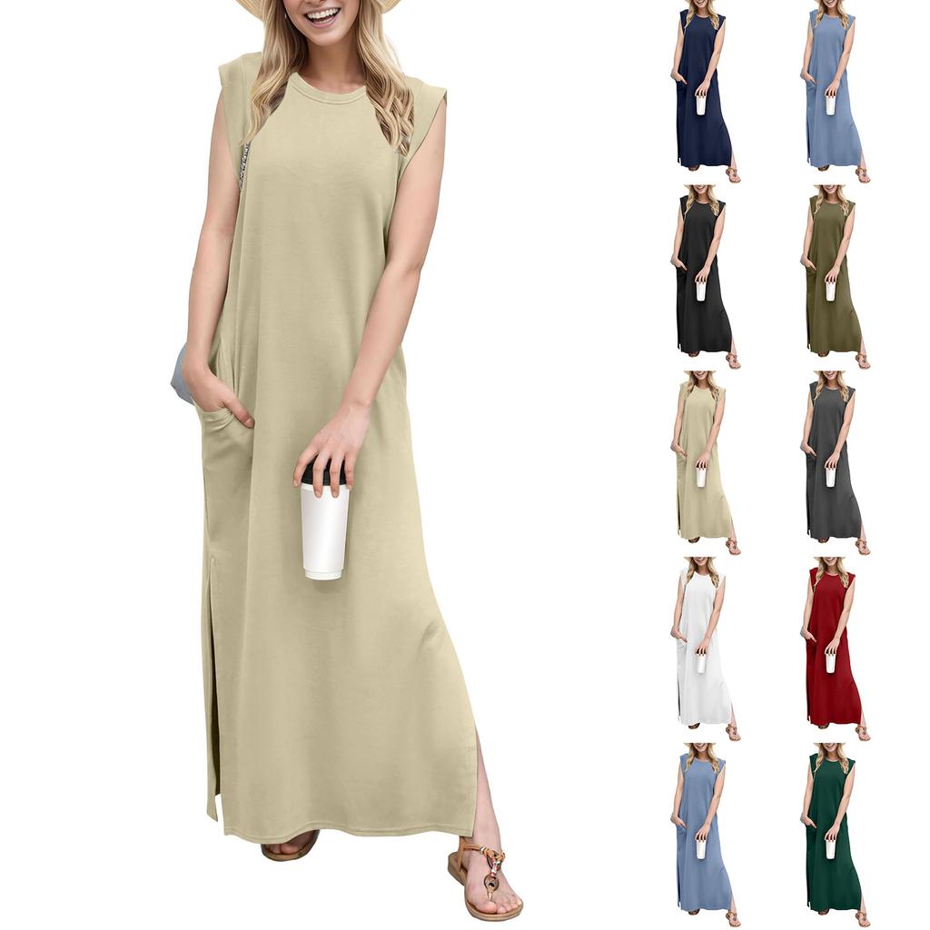 Женское летнее повседневное свободное платье с круглым вырезом и разрезом без морщин, длинное пляжное платье макси с карманами