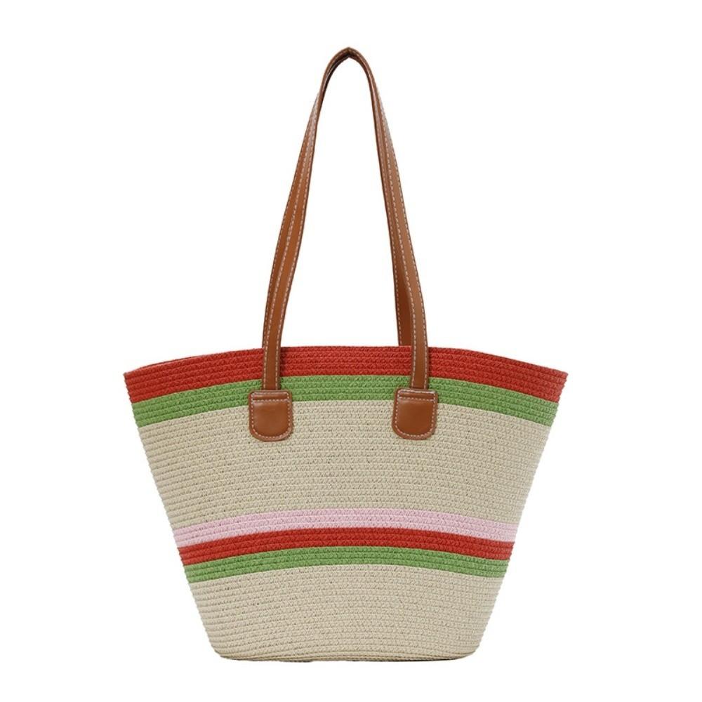 Large Capacity Shopping Straw Bag Polyester Summer Beach Handbag Stripe Woven Tote Bag Female