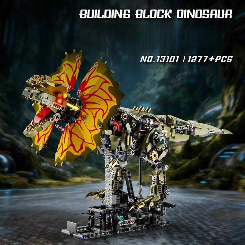 1277Pcs Mechanical Dinosaur Blocks Dual Crested Dilophosaurus Light Up Moving Model Jurassic Decor Creative Gift Set