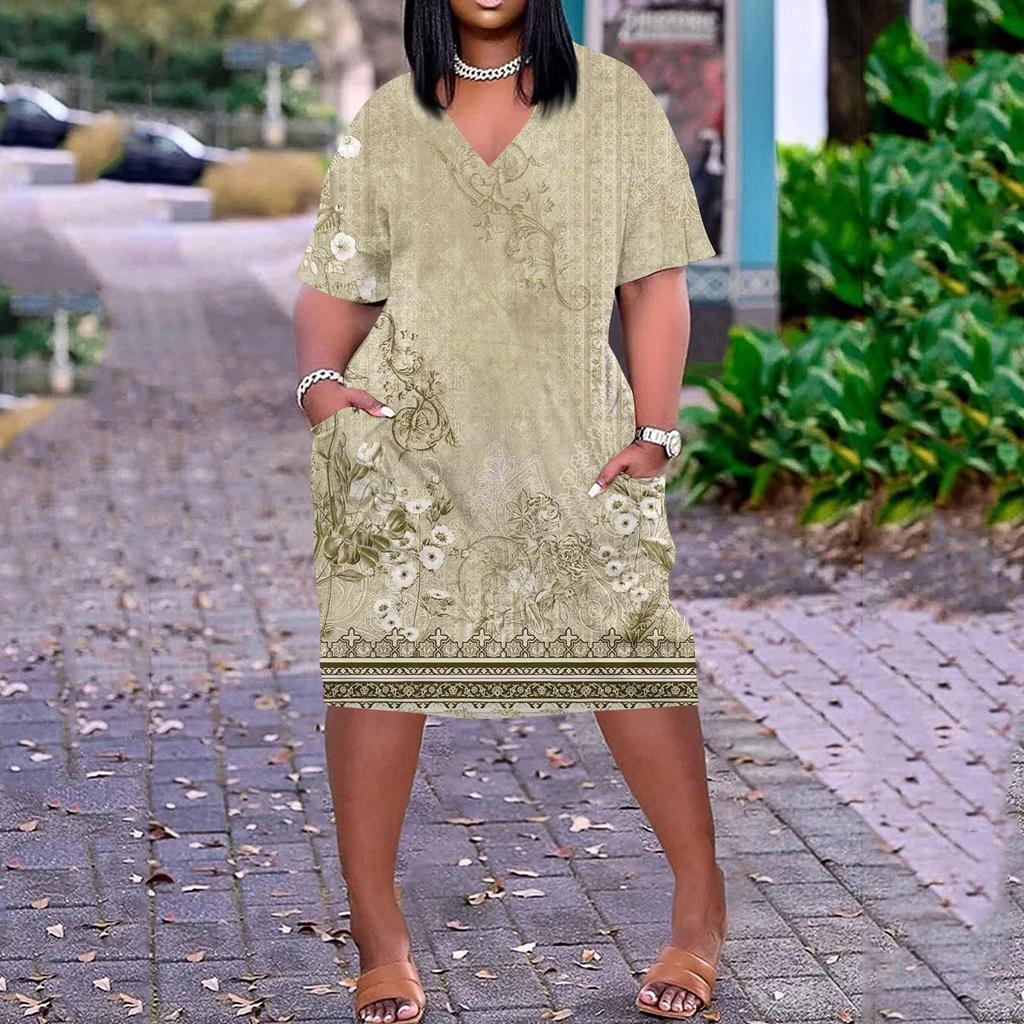 Лето плюс размер V-образным вырезом с короткими рукавами и карманами до колена с принтами повседневное платье для женщин