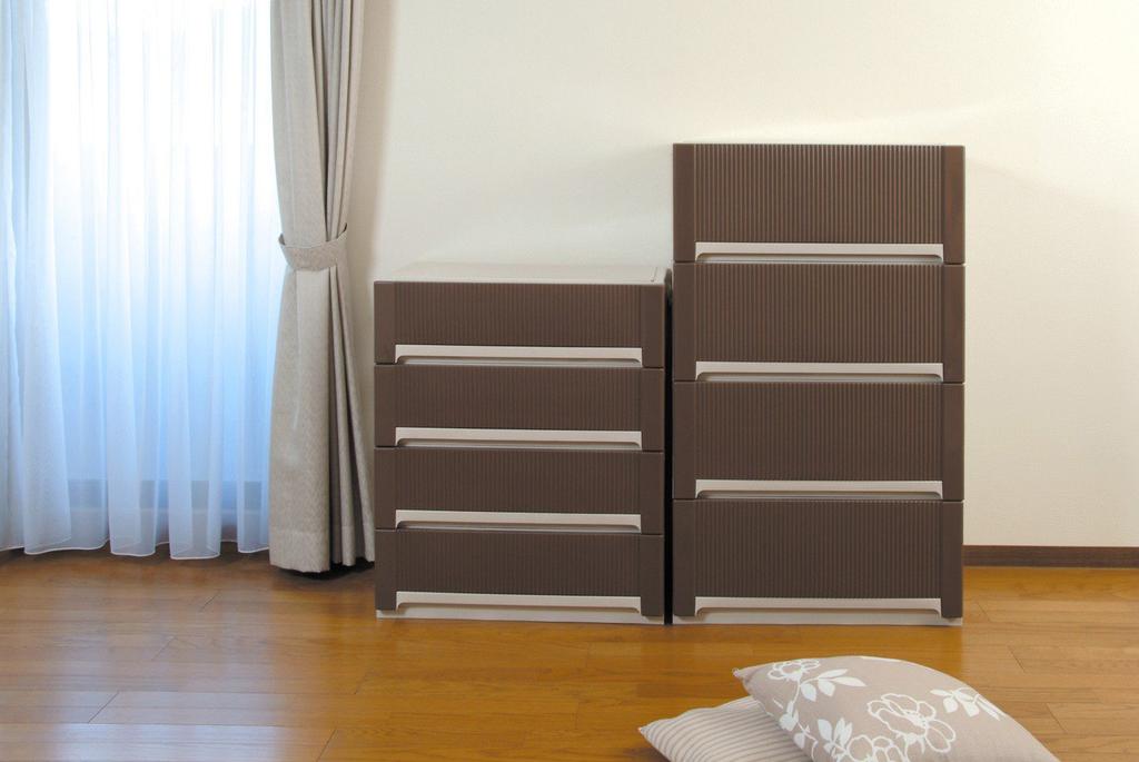 Sanko Plastic Clothes Storage Aura Wide Shallow 4 Tiers W65 X X Brown 421579 D44.7 H79.6cm