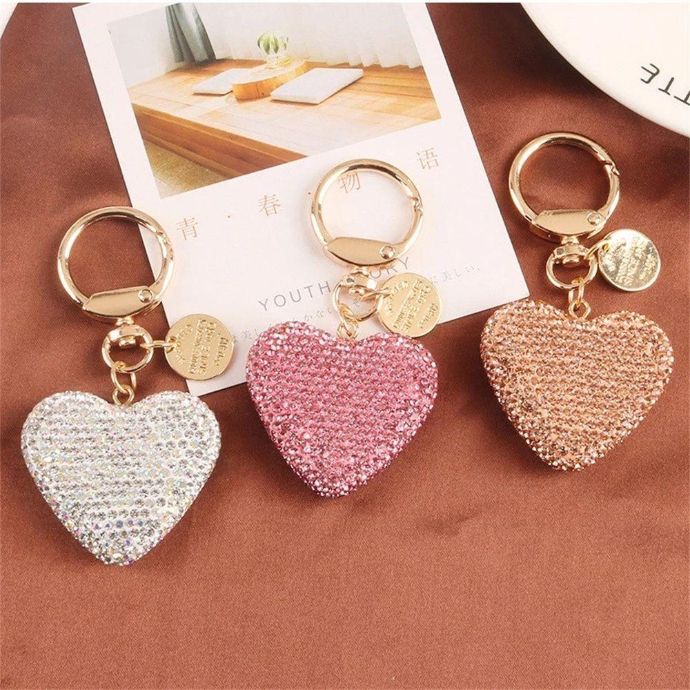 Rhinestone Backpack Pendant Metal Love Heart Keychain Key Ring Crystal Keyring Keys Holder