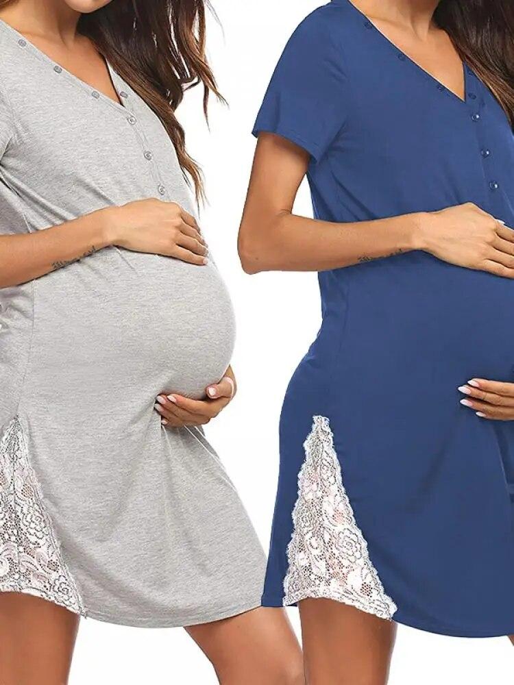Ночная рубашка для кормящих женщин, платье для беременных, ночная рубашка для сна, v-образный вырез, воротник на пуговицах, ночная рубашка, кружевной подол, одежда для сна для кормления грудью, больничное платье