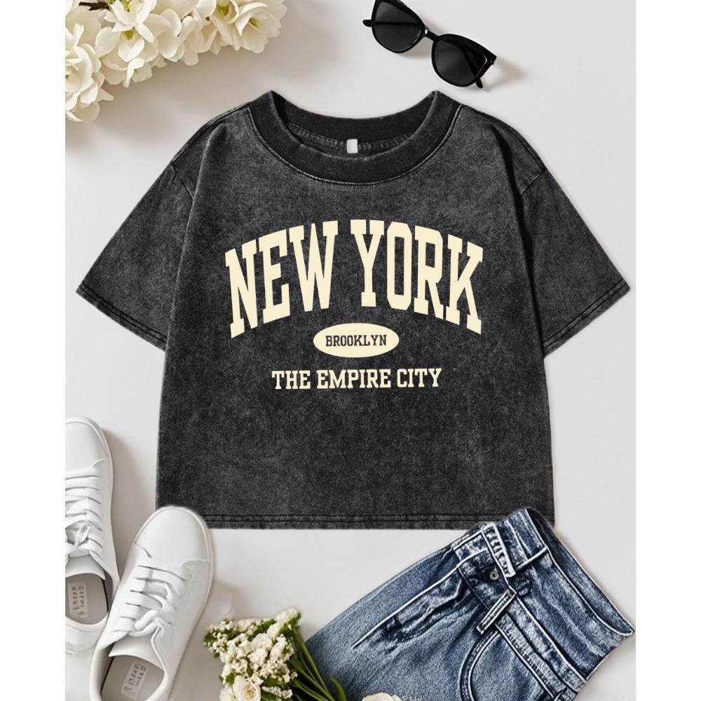 New York City Brooklyn Creative Letter Print Washed Crop T-Shirt Women Slim Tops Fitness T Shirts Cotton O-Neck T Shirt