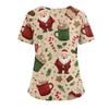 Women's Christmas Print V-Neck Double Pocket Short Sleeves Hem Slit Uniform And Caregiver Top