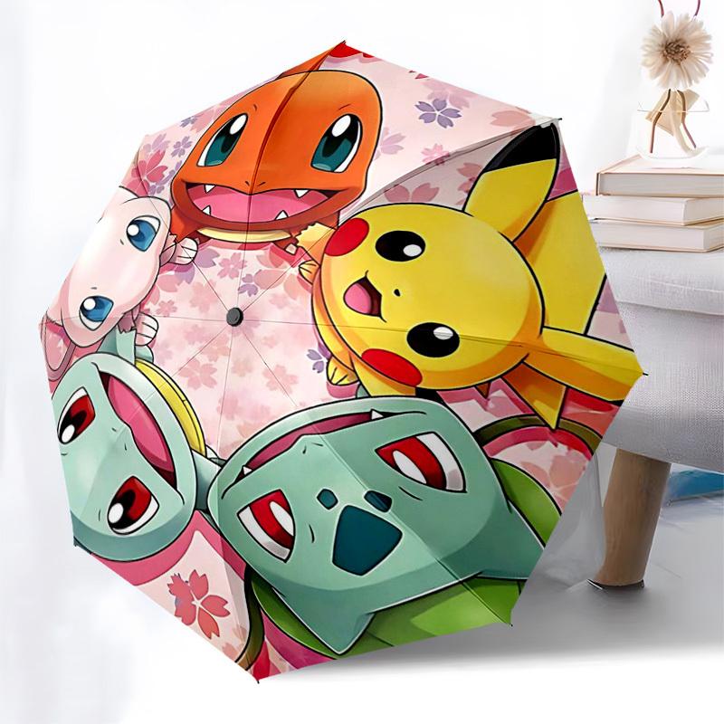 1pc Charmeleon, Pikachu, Eevee & Squirtle Floral Umbrella: Automatic Opening with Foldable Design, Iron Frame for Outdoor Use - Perfect Gift for Fans,
