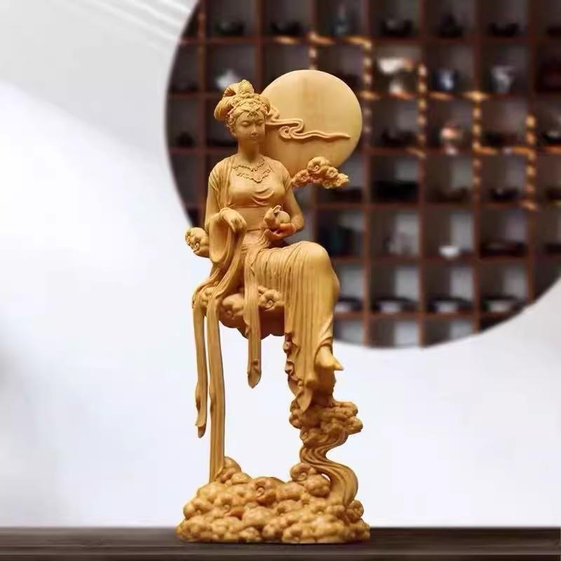 Natural Solid Wood Chang'e Fairy Characters Statue, Hand-carved Mythology, Jade Rabbit, Lmmortal, HomeRoomOffice Decoration, A