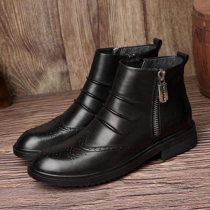 High Quality Men's Ankle Boots Genuine Leather Man Business Shoes Side Zipper Chelsea Boots Luxury Brand Warm Winter Ankle Shoes