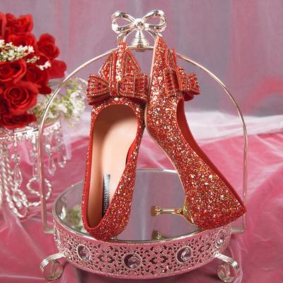 Блестящие красные туфли-лодочки с пайетками, женские сексуальные туфли с бантом из кристаллов, тонкие каблуки для невесты, женские туфли-лодочки для танцев на высоком каблуке