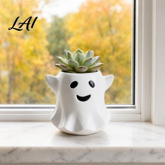 Halloween Style Green Plant Pot Ghost Flowerpot Waterproof Resin Vase Spooky Cute with Design Desktop Ornament for Plants Holiday Decoration