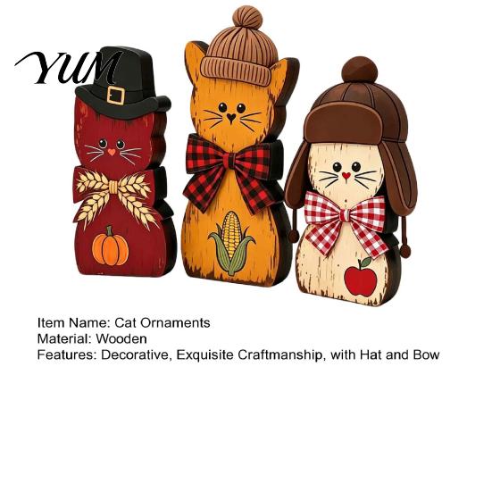 Thanksgiving Table Centerpieces 3Pcs Christmas Wooden Cat Ornaments with Hat and Bow Tie, Decorative 2D Standing Wood Figures Flat Tabletop Figurines,