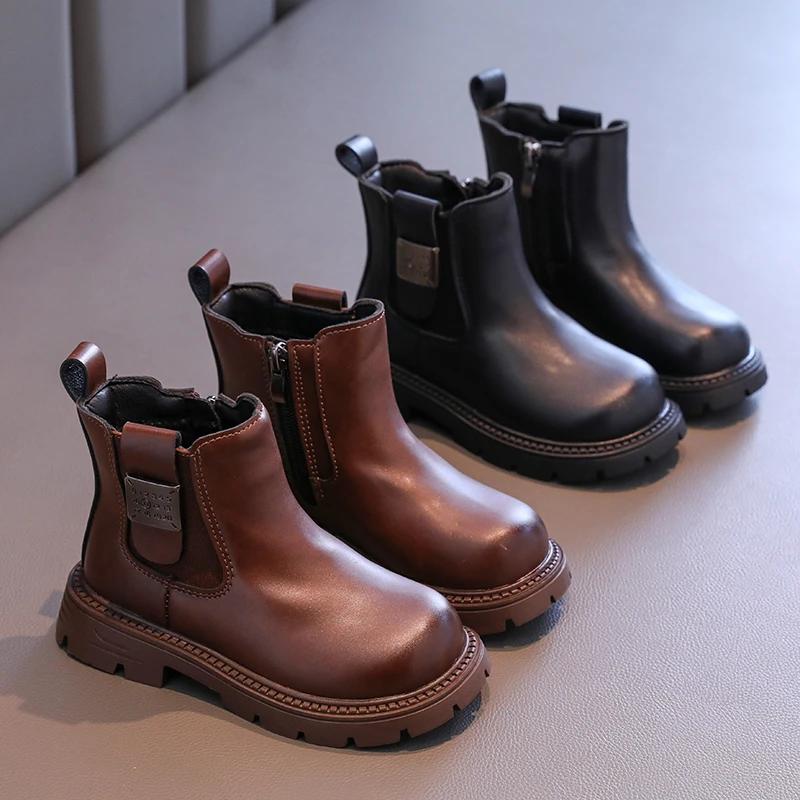 New Kids Short Boots Autumn Winter Versatile Girls Causal Ankle Boots Thick Bottom Fashion Children Side Zipper Leather Boots