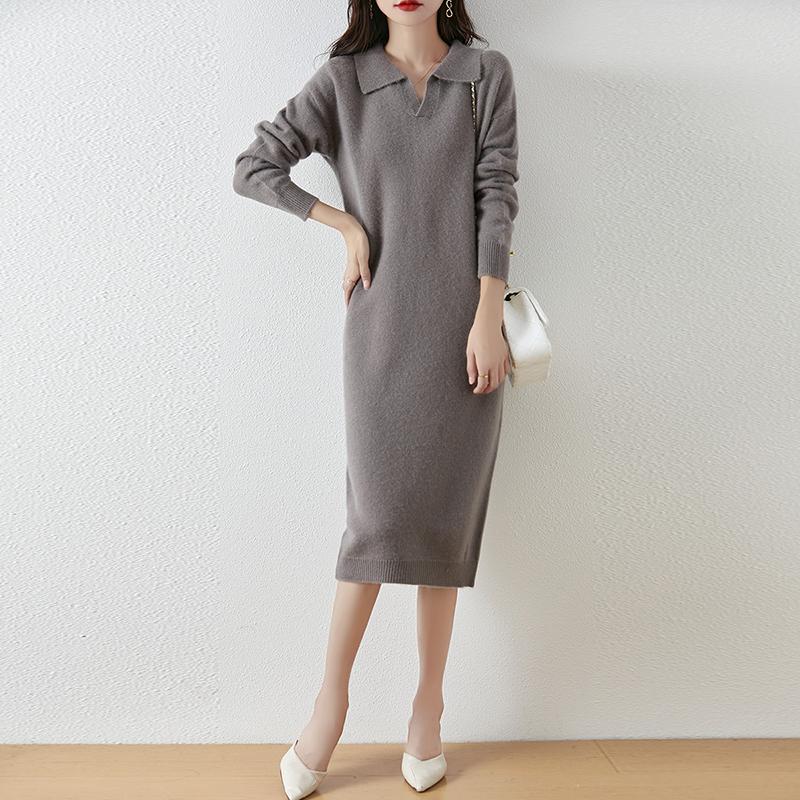 Женское платье-свитер 100% шерсть MODERN NEW SAGA V-образный вырез трикотажный длинный пуловер воротник поло зимние джемперы шерстяное длинное платье женское
