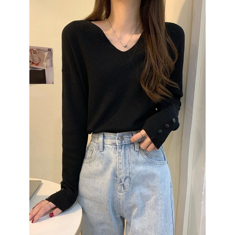 Temperament collar slack knitted sweater soft waxy sweater autumn and winter casual simple button long sleeve women's bottoming top