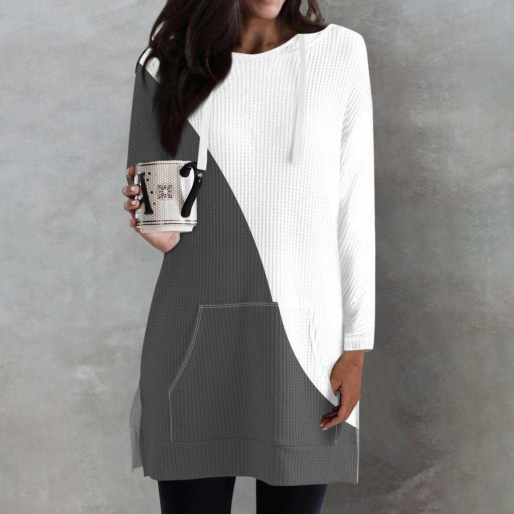 Женские свободные рубашки с принтом, длинные рукава, толстовки с завязками, трикотажные туники с боковыми разрезами, топы с капюшоном и карманом