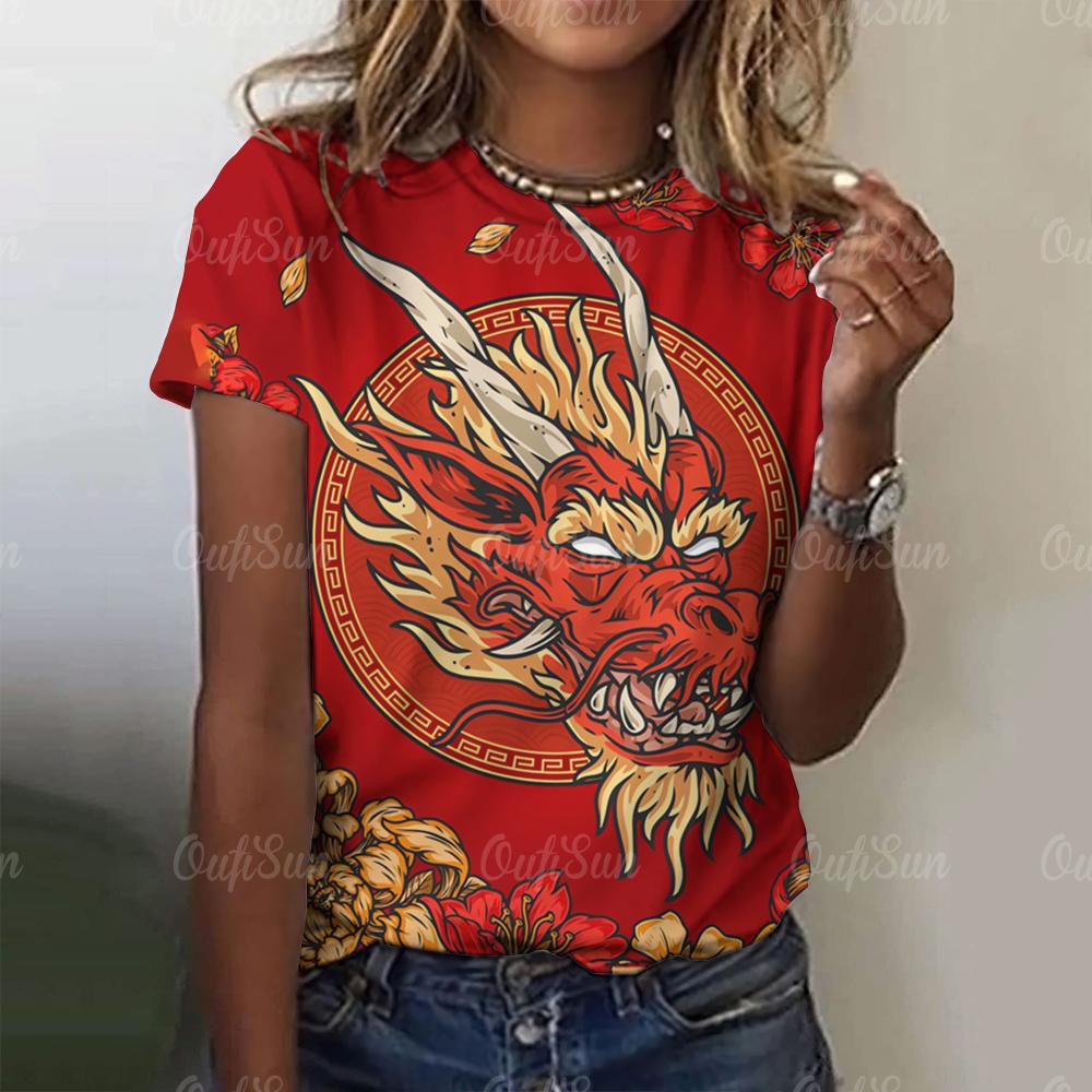 Женская футболка с принтом 3D-дракона в китайском стиле, новый пуловер для женщин с круглым вырезом, повседневный короткий рукав, 2024, модные уличные топы
