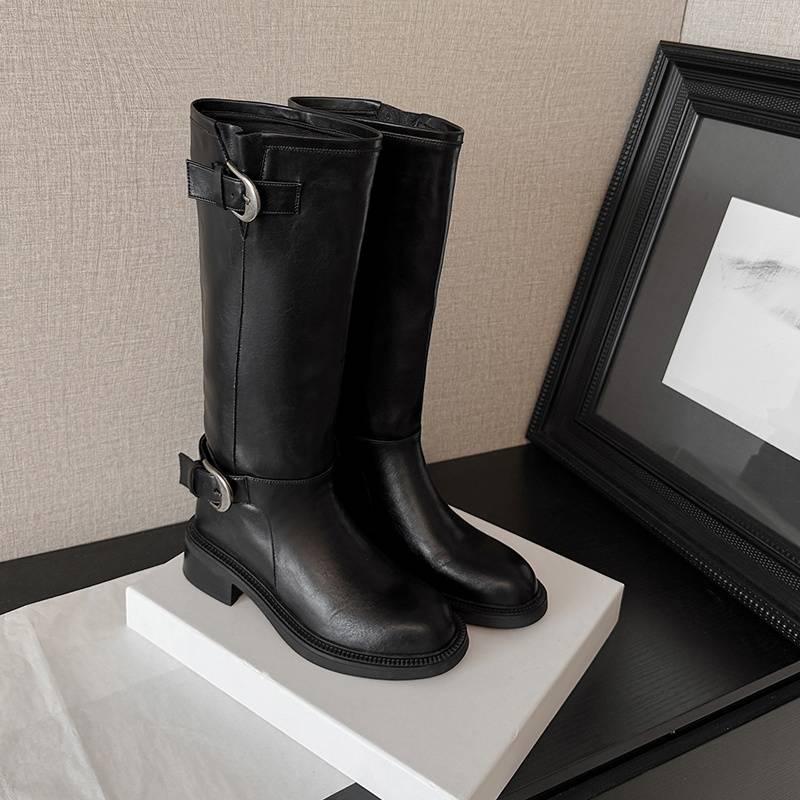 Новые женские кожаные ботинки круглый носок универсальные большого размера женские ботинки средний каблук круглый носок резиновая платформа высокие ботинки кожаные ботинки-рыцари