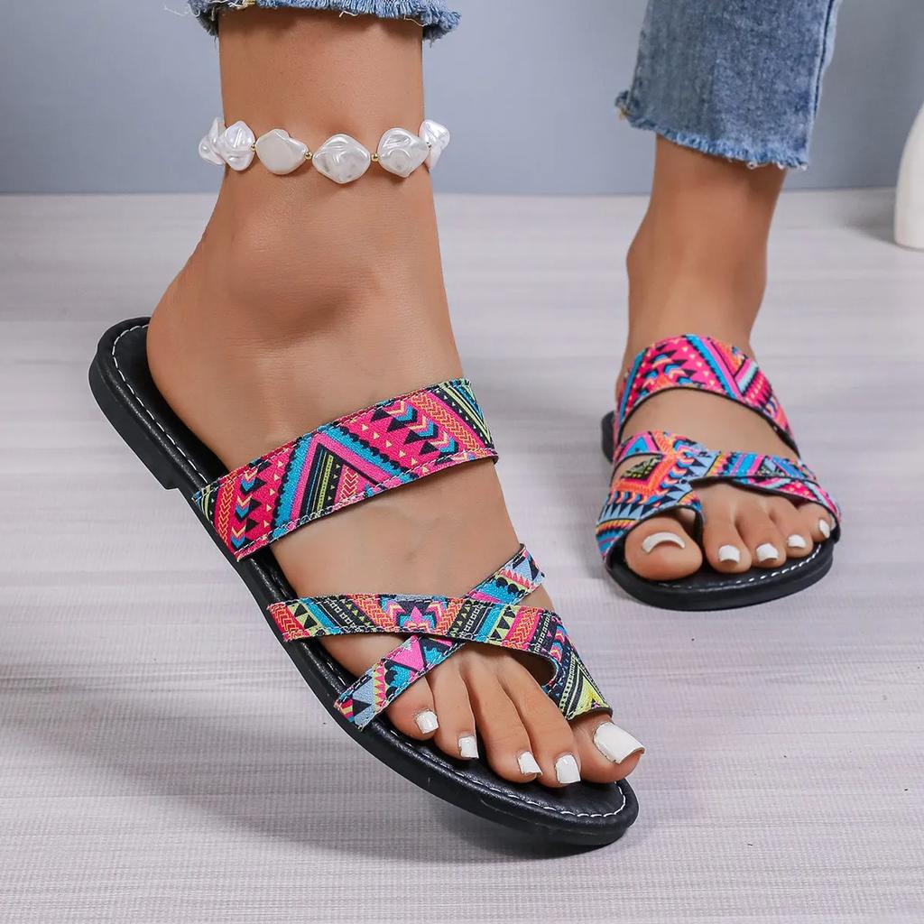 2024 Hot Selling Fashion Printed Versatile Women's Slippers Open Toe Thin Strap Combination Summer Beach Flip-Toe Women's Shoes